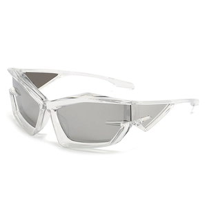 Futuristic Y2K geometric sunglasses with transparent frames and dark grey lenses