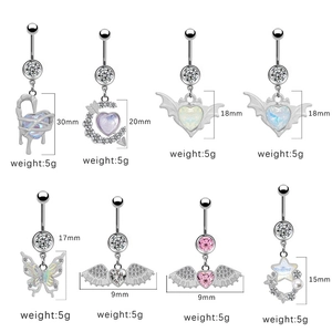 Detailed size chart for various heart and butterfly zircon belly rings with dimensions