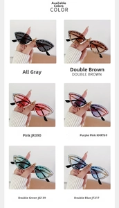 Detail view of cat eye rhinestone sunglasses in various vibrant gradient color options