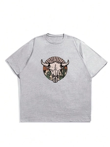 Close-up of gray cotton T-shirt featuring a vintage bull skull and cactus desert print
