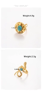 Detail view of gold snake and hammer texture rings with turquoise stone inlay dimensions