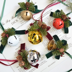 Christmas Bell Hanging Ornaments Metal Bell Velvet Bow Faux Pine Natural Pine Cones Red Berries Holiday Tree Decor Retro