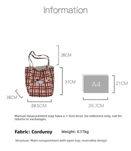 Size information for red plaid corduroy tote bag showing large capacity vs A4 paper