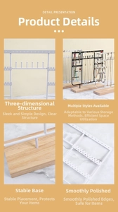 Close-up of metal jewelry stand featuring wooden base and multi-tier earring hooks