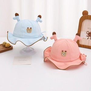 Cute Baby Fisherman Hat With Antlers And Bear Embroidery Cotton Blend Sun Protection Windproof Bucket Hat For Infants