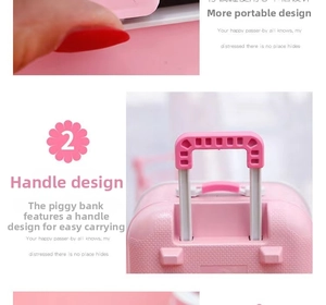 Detail of pink suitcase piggy bank featuring a retractable handle and coin slot design