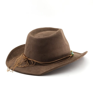 Close-up of dark brown suede western cowboy hat with ethnic beads and braided rope detail