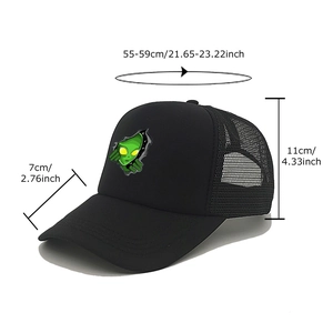 Breathable black trucker hat with alien print, mesh sun protection baseball cap for adults