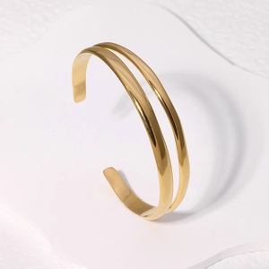 Minimalist Double Line Open Cuff Bangle Stainless Steel Adjustable Bracelet For Women Modern Fashion Jewelry