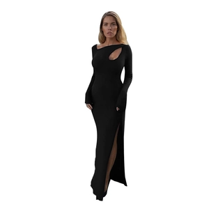 Slim fit long sleeve black maxi dress with teardrop cutout and high side split design