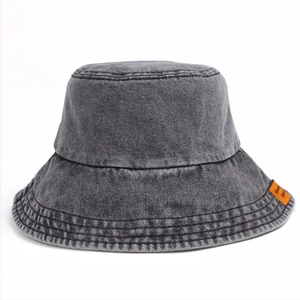Cappello da sole vintage in denim grigio scuro a tesa larga con etichetta arancio