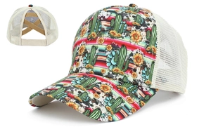 Detail of high ponytail baseball cap with western cactus print and mesh back