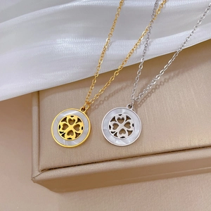 Four Leaf Clover Pendant Necklace Stainless Steel Mother Of Artificial Pearl Heart Hollow Round Charm Jewelry For Women Fashion
