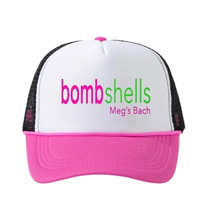 Three-tone trucker hat with mesh back featuring bombshells text and pink rope detail