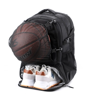 Detail of waterproof sports backpack showing front mesh ball pocket and bottom shoe compartment