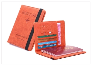 Orange PU leather RFID passport holder with multiple card slots and elastic strap