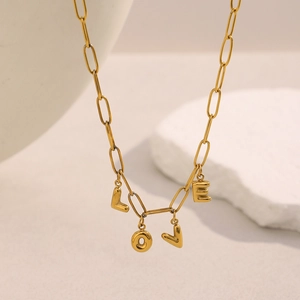 18K gold plated stainless steel paperclip chain necklace with LOVE letter charms
