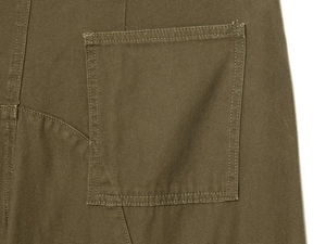 Detail of reinforced back pocket stitching on heavy cotton olive cargo trousers