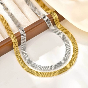 Women Stainless Steel Mesh Weave Necklace Minimalist Flat Braided Chain Choker For Women Gold Silver Plated Jewelry Gift