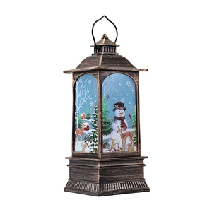 Vintage bronze Christmas lantern with LED flame and snowmen reindeer painting