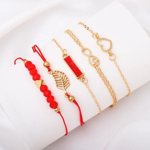 5-piece red rope and gold bead bracelet set with heart, leaf, and infinity charms