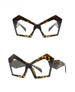 Front and 45-degree side views of leopard cat-eye glasses frames with geometric angles