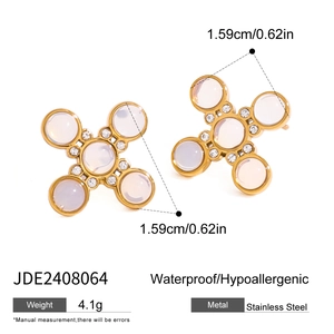 Gold stainless steel cross stud earrings with purple gemstone and white zircon accents