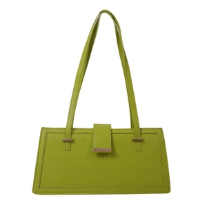Minimalist green crocodile pattern shoulder bag with golden buckle and sleek leather finish