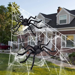 Giant Halloween spider web and black plush spiders set for outdoor garden yard decoration