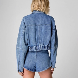 Women's blue denim set with short jacket and high waist shorts in cargo style back view
