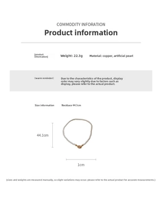 Detailed specs of the copper necklace with artificial pearls and a golden U-clasp