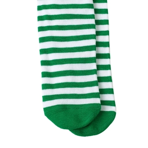 Close-up of St. Patrick's Day green and white striped lucky clover over-knee socks texture