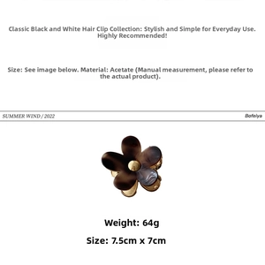 Detail view of acetate flower claw clip with tortoiseshell texture and size dimensions