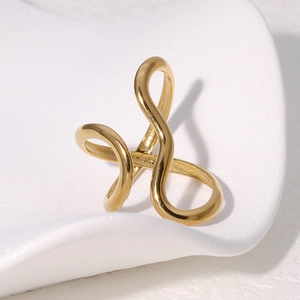 Minimalist gold S-shaped abstract line open ring with a polished metallic finish