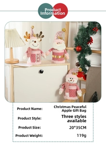 Close-up of pink Christmas gift bags featuring reindeer, Santa, and snowman plush designs