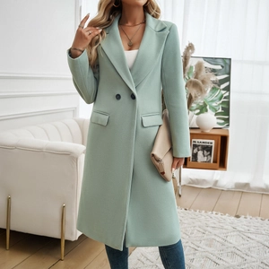 Women's light mint green double-breasted woolen coat with lapel collar and side pockets