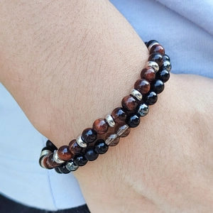 Men's trendy beaded bracelet set with natural red eye tiger stones and matte black beads