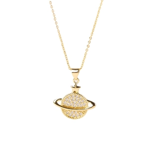 Minimalist 18K gold plated Saturn pendant necklace with sparkling zircon stones