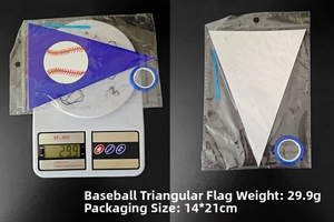 Detailed view of baseball themed pennant set with blue ribbons weighing 29.9g