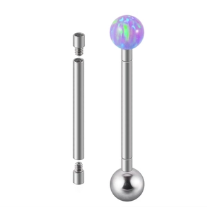 Détail macro d'une tige de piercing en titane G23 avec boule opale et filetage