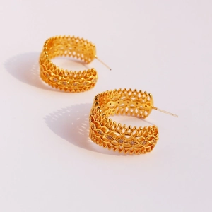 French vintage gold hollow lace hoop earrings with cubic zirconia inlay for women