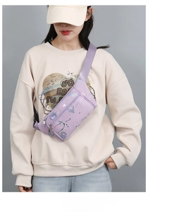 Detail view of lavender multi-layer oxford waist bag with artistic letter S print