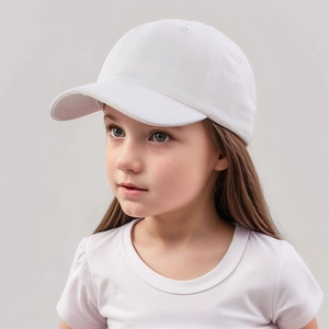 Detail of white cotton kids baseball cap with six-panel structure and breathable eyelets