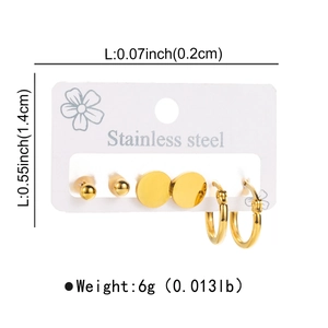 Detailed view of stainless steel gold earring set with studs and hoops on display card