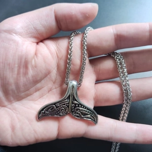 Vintage Viking fishtail pendant necklace with engraved totem patterns on silver chain
