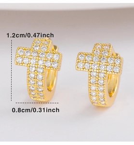 Detailed size view of gold-plated cross earrings with sparkling cubic zirconia stones