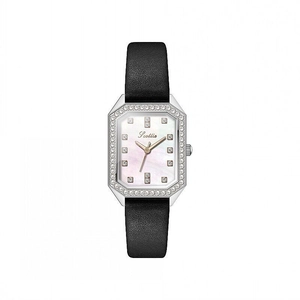 Women's square watch with mother-of-pearl dial and crystal-studded bezel on leather strap
