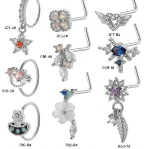 Titanium steel nose studs set with zircon heart star and flower designs in silver finish