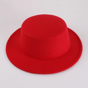 Classic red wool felt boater hat with a flat brim and retro British jazz style design