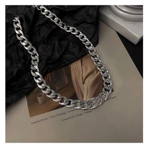 Polished silver titanium steel Cuban chain necklace in punk hip-hop style for men